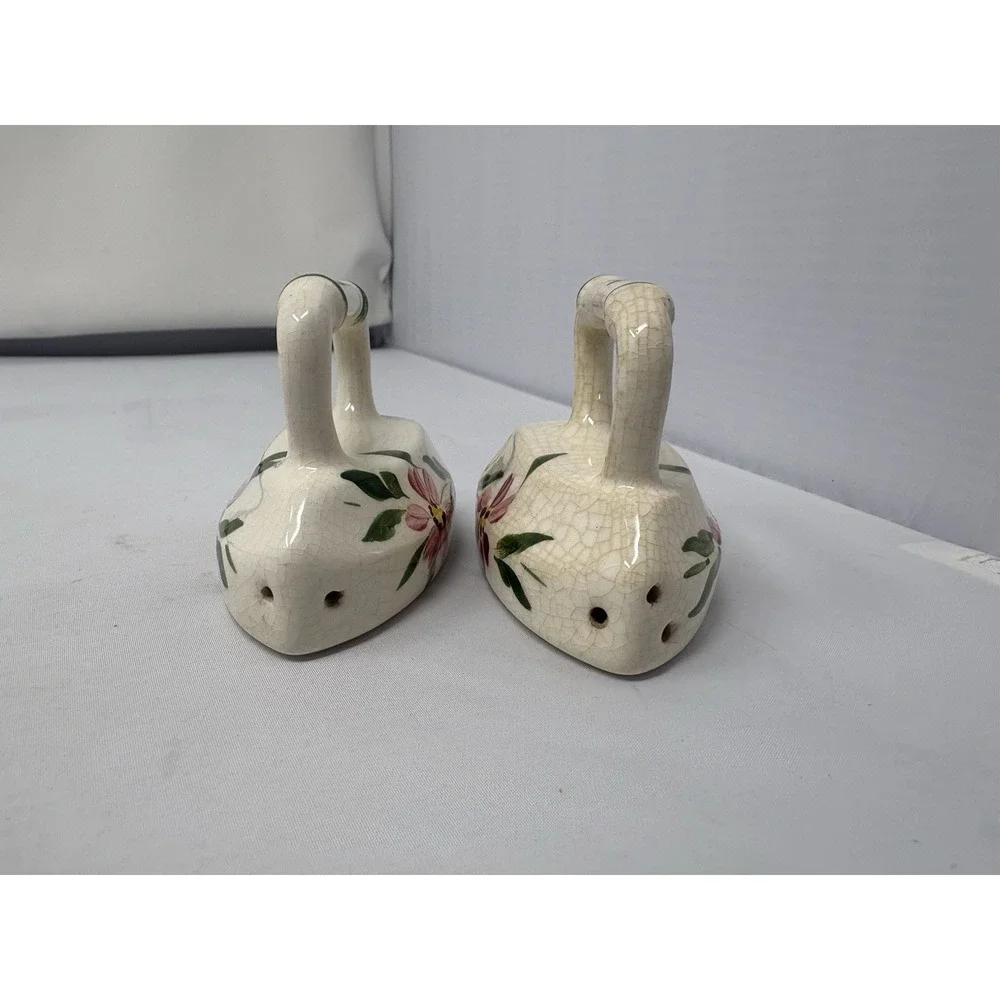 Vintage 50s Hand Painted Floral Ceramic Sad Iron Salt and Pepper Shakers Kitsch